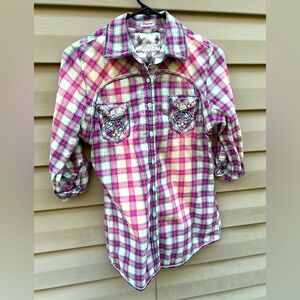 Roar size M western rodeo gingham plaid button up embroidered sequined s…